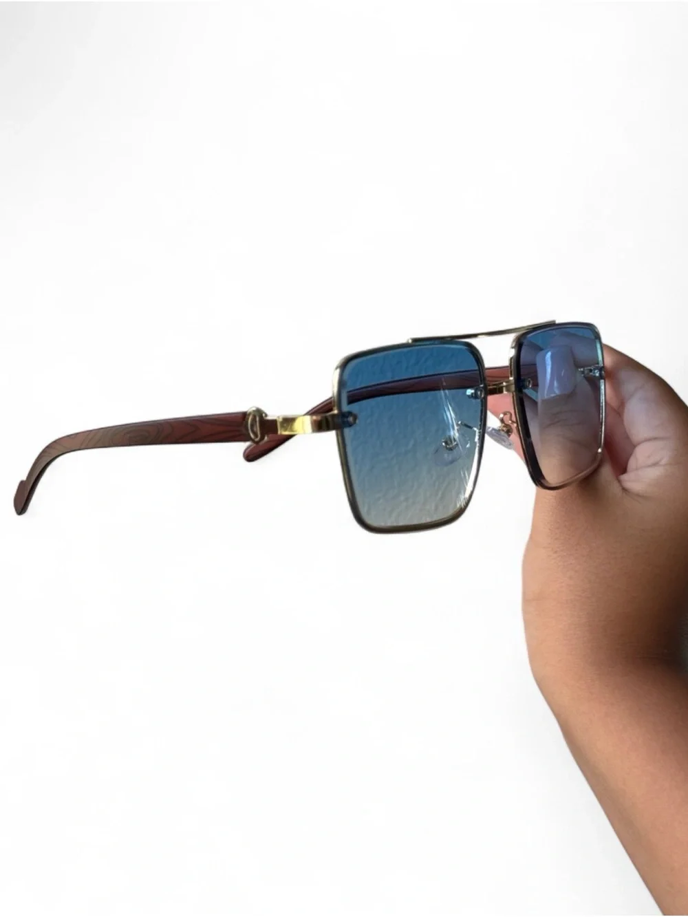 Gold-Frame Blue Lens Men’s Sunglasses with Brown Temple Tips